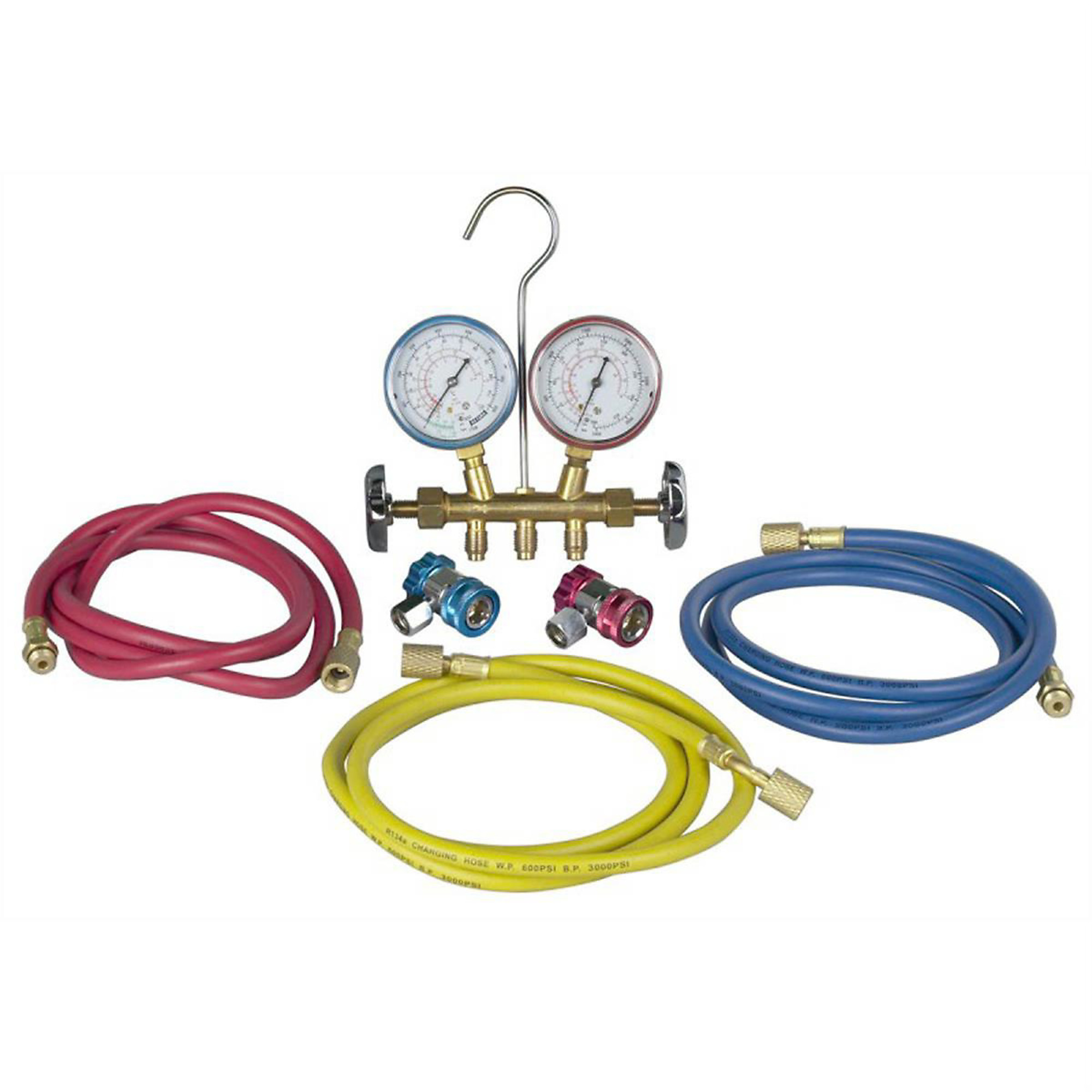 Robinair R134a Brass Manifold and Hose Set — 60in. Hoses, 90° Manual Couplers, Model# ROB48134A